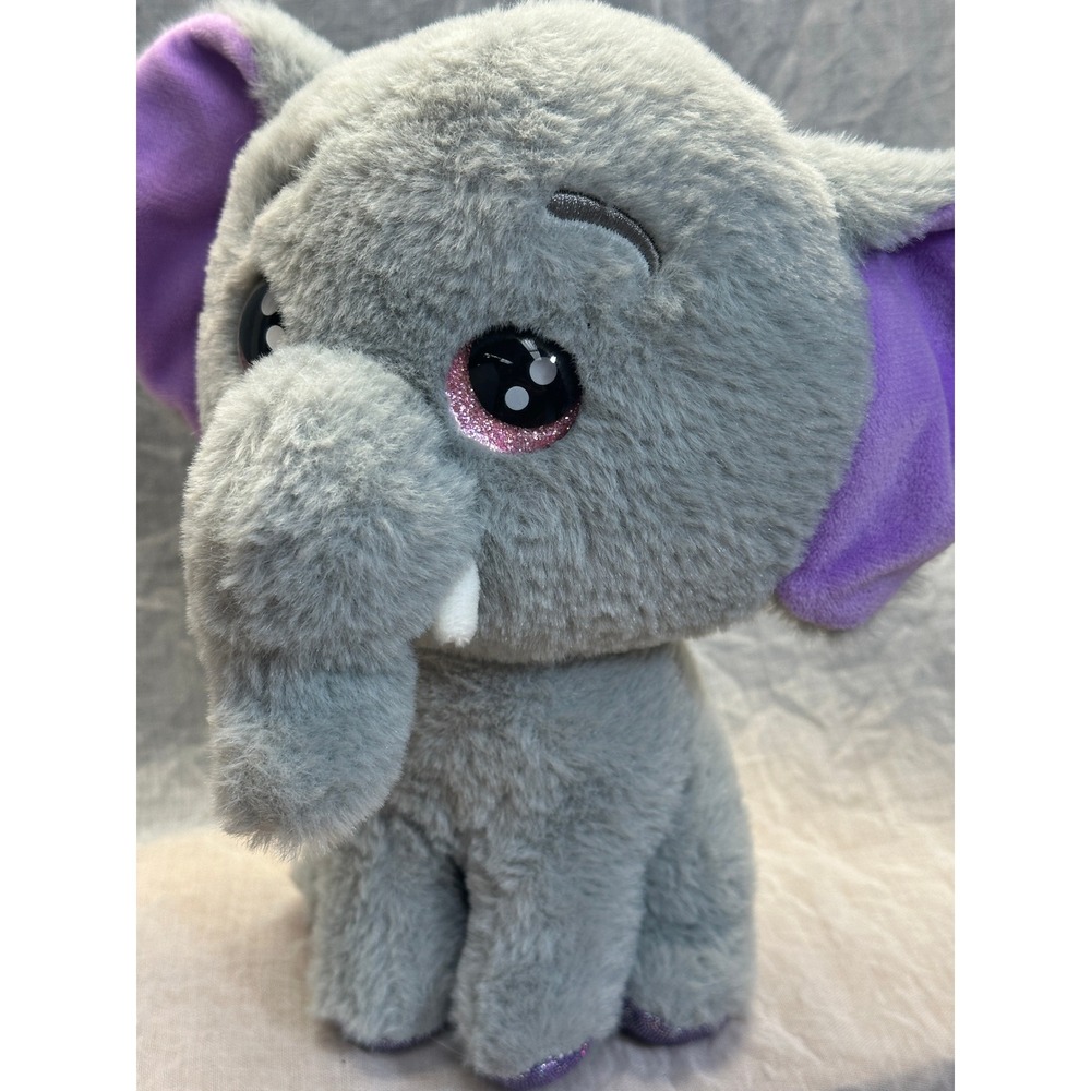 Grey Elephant Plush Stuffed Animal Purple Glitter Eyes and Paws 7 Inch